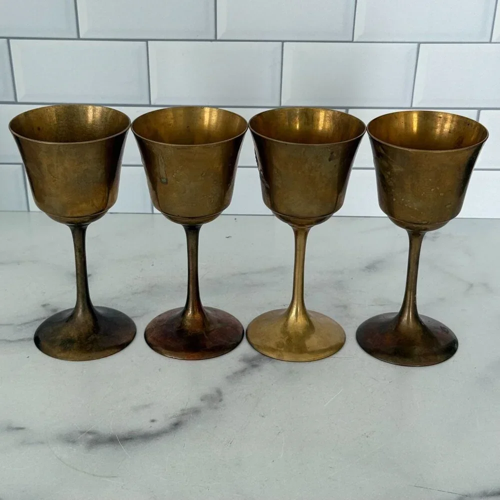 Vintage Brass Goblets With Etched Design Set Of 4